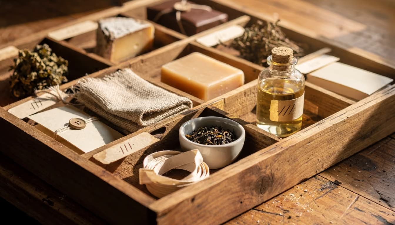 A wooden compartmented tray displaying unbranded artisan goods — small jars, brass mortar, dried herbs — in warm afternoon side-light.