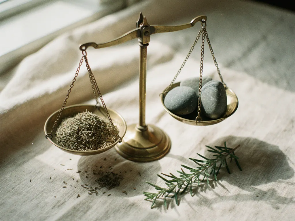 A small brass apothecary balance scale on warm cream linen, with one pan holding loose dried thyme leaves and the other pan holding three smooth grey river stones — calibrating a catalog against a standard.